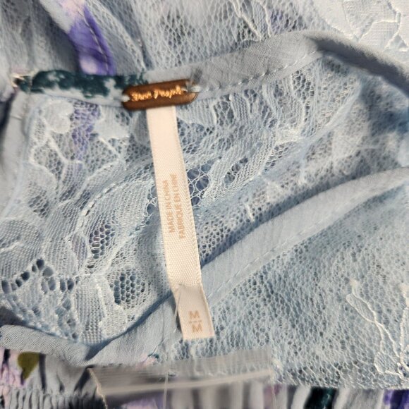 Free People Women's Size M Daphne Blouse Silver Blue Combo Smocked  Cropped 37 - Picture 8 of 13